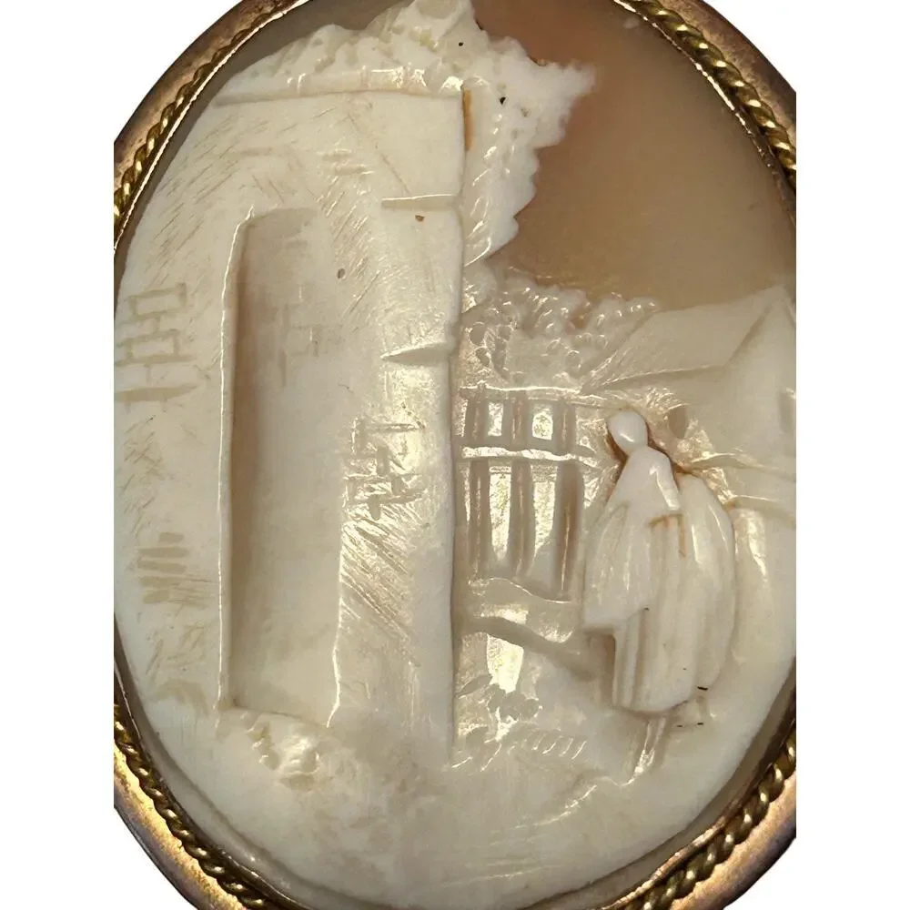 Antique Shell Cameo Brooch: Rebecca at the Well Figural Carving Gold Filled